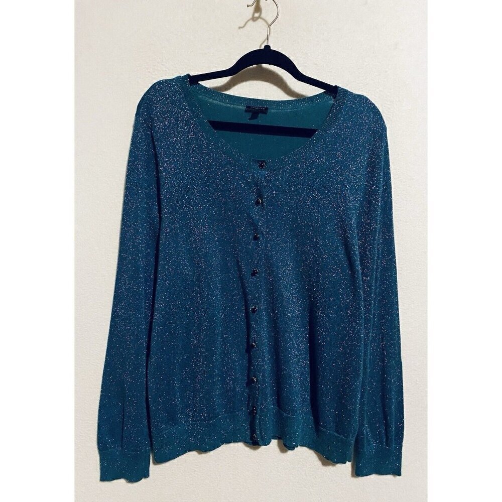 Talbots Cardigan Sweater Womens 2X Blue Glitter Sparkly Jeweled Buttons Holiday